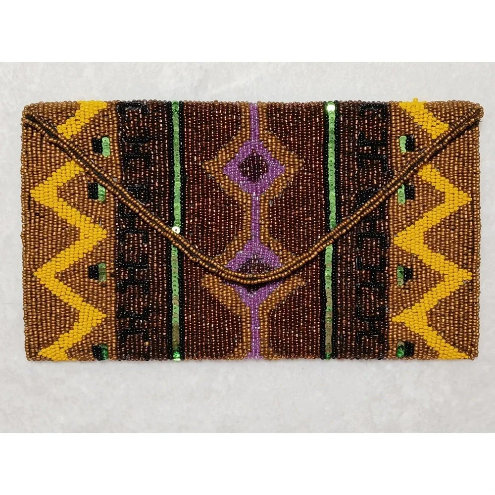Boho-Chic Geometric Tribal‎ Hand-Beaded Clutch Purse Earthy Tones & Gold Accents